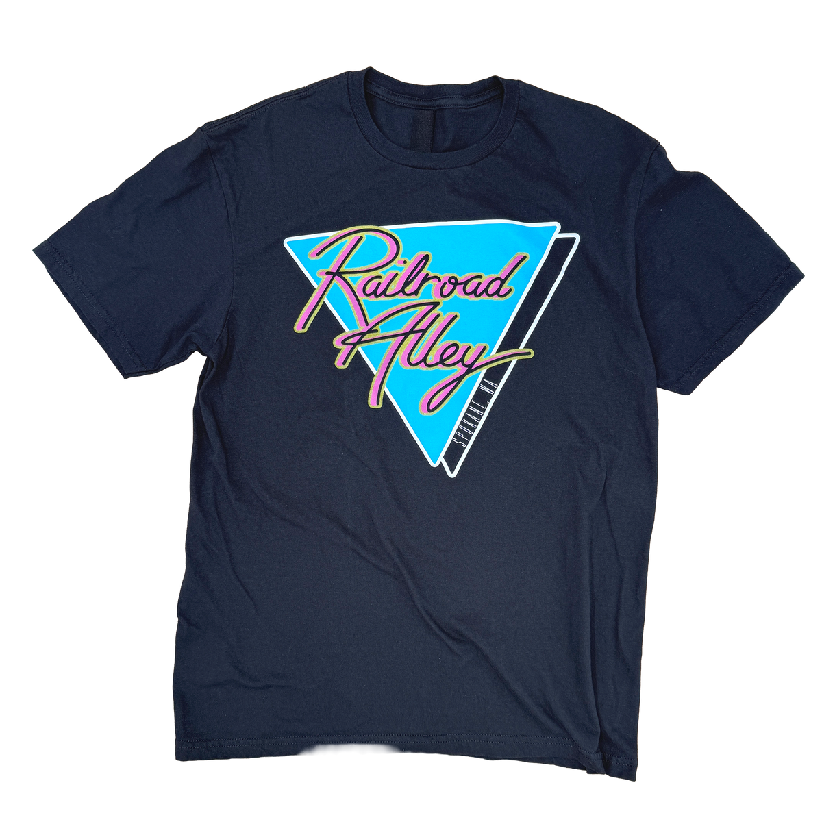 Black Railroad Alley Neon Dreams tee with vintage Food Court logo