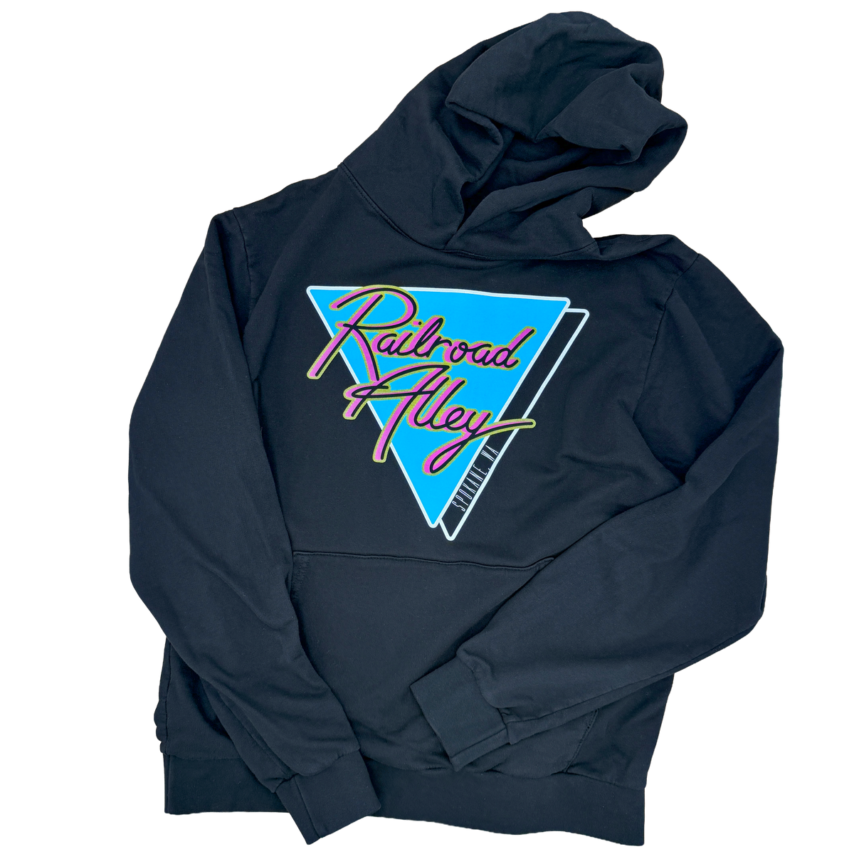 Black Railroad Alley Neon Dreams hoodie with vintage Food Court logo